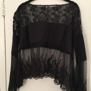 Free people lace & mesh black long sleeve top XS